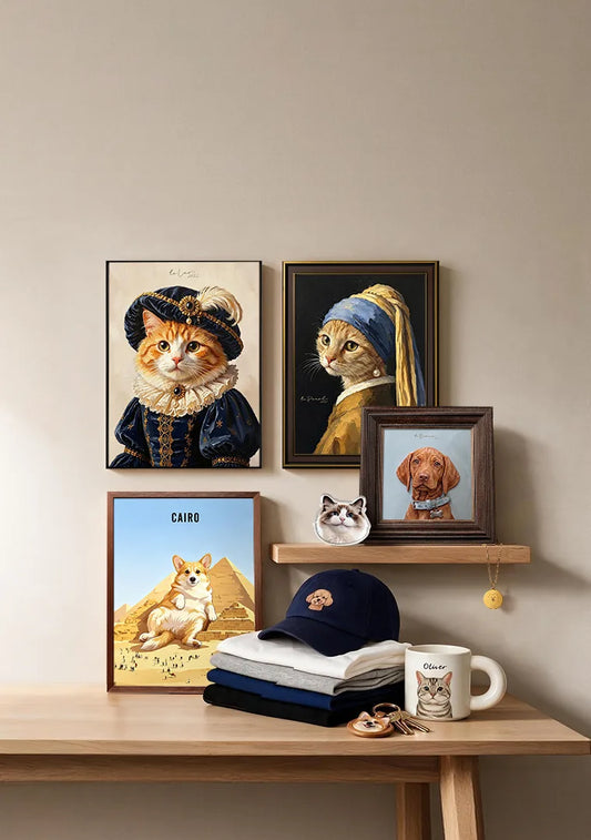 Custom pet portraits in every style and price range, from $49 prints to hand-painted and hand-sculpted 3D portraits by real artists