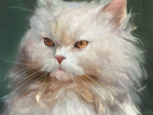 Hand-painted white cat pet portrait on canvas — visible brushstrokes and layered fur texture showcasing real oil painting technique