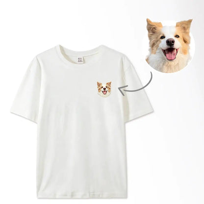 Personalized pet portrait t-shirt in white – cat embroidery example