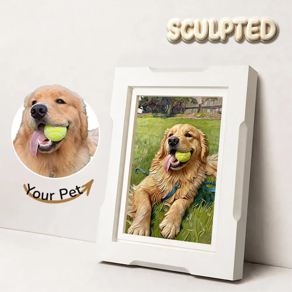 Golden retriever reference photo beside a finished True-to-Life Hand-sculpted 3D Pet Portrait