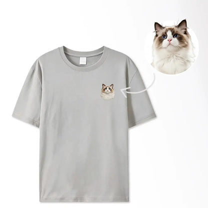 Custom dog portrait t-shirt in gray – realistic embroidered pet art
