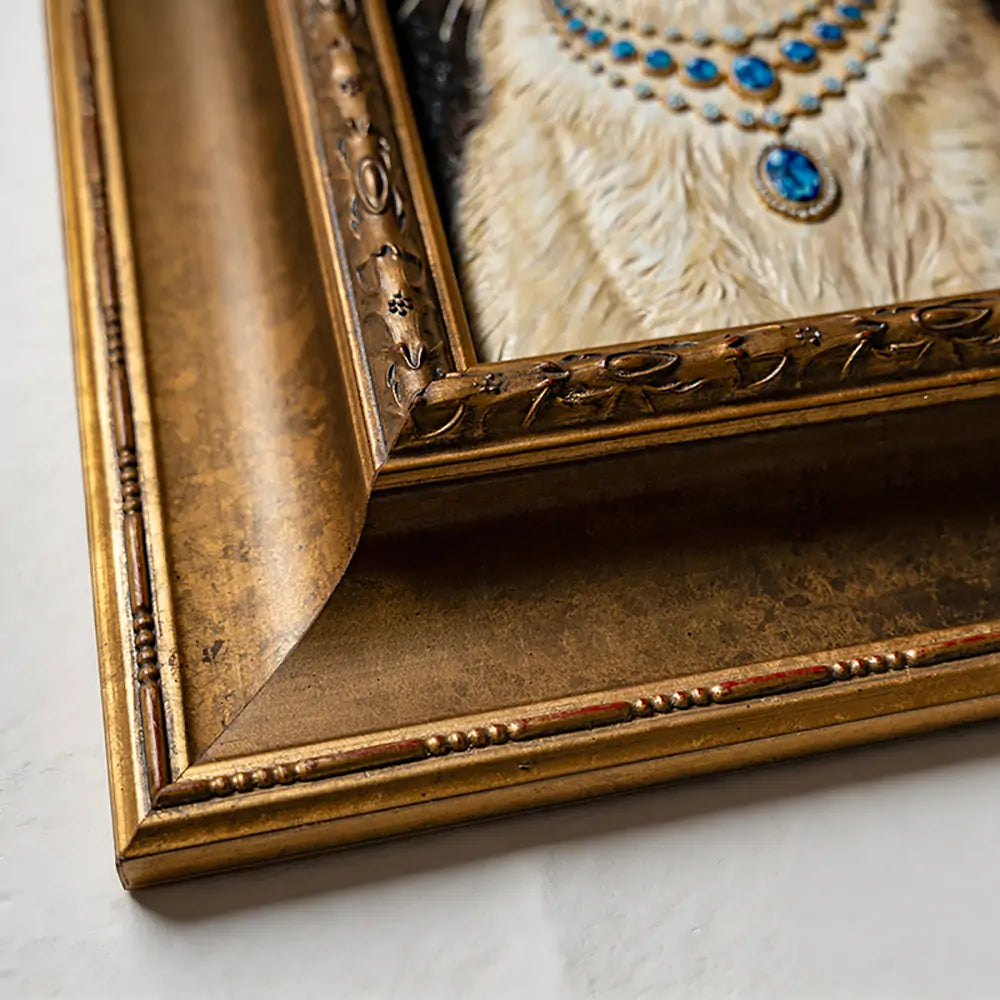 Close-up of a Royal Style Hand-sculpted 3D Pet Portrait showing raised fur and jewelry texture