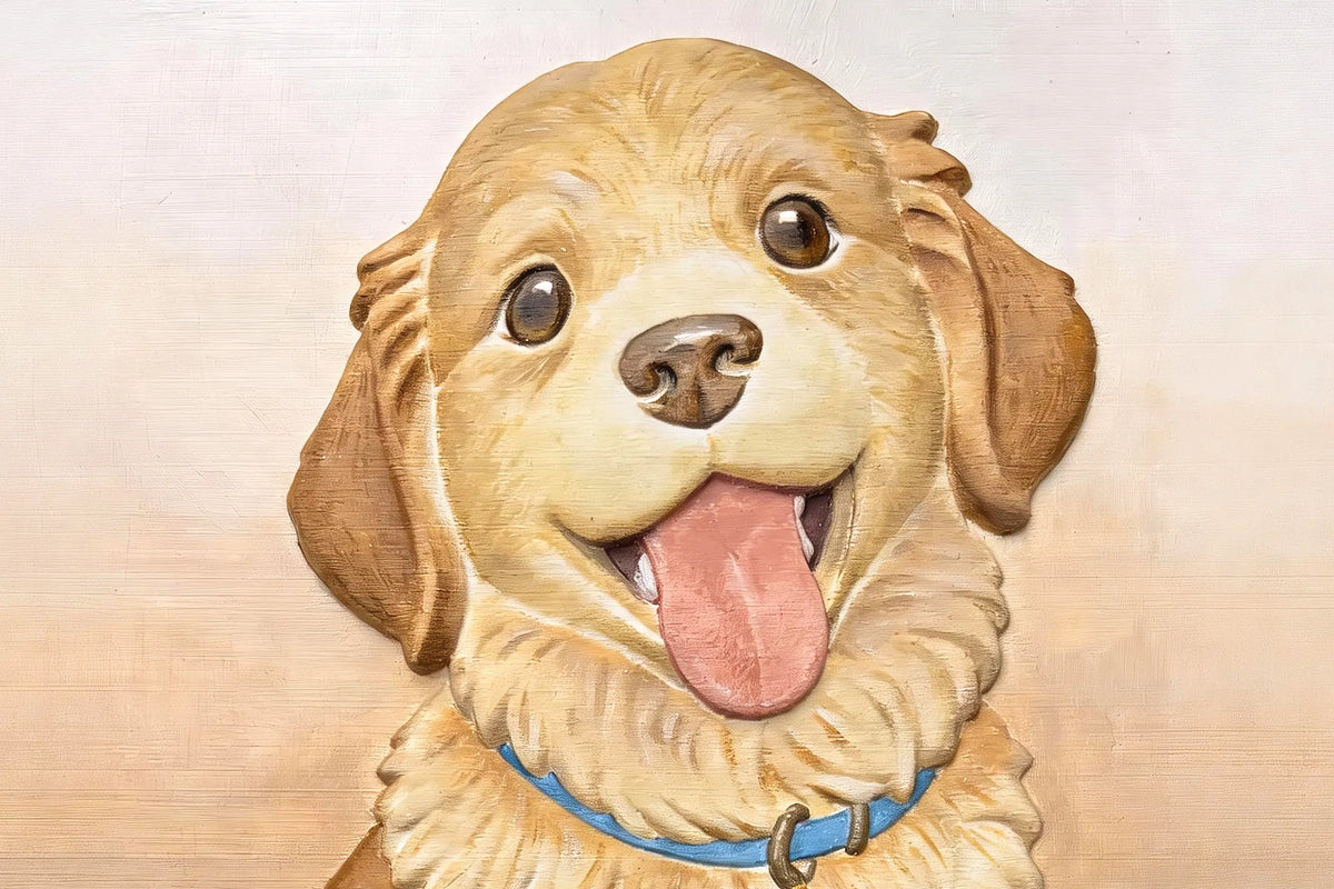 Finished Hand-sculpted 3D Pet Portrait showing the golden retriever as raised relief