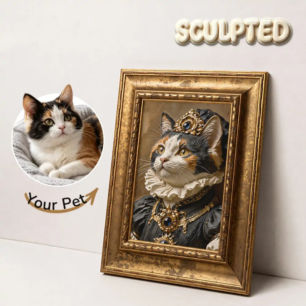 Calico cat reference photo beside a finished Royal Style 3D portrait