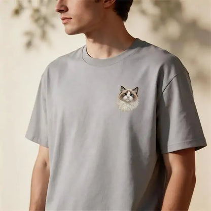 Man wearing personalized dog face t-shirt – embroidered pet portrait tee