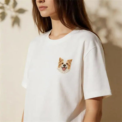 Woman wearing custom pet face tee – embroidered dog portrait on cotton
