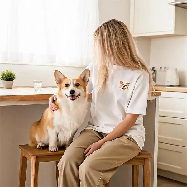 Custom cat embroidered t-shirt worn by cat mom – daily wear pet portrait tee