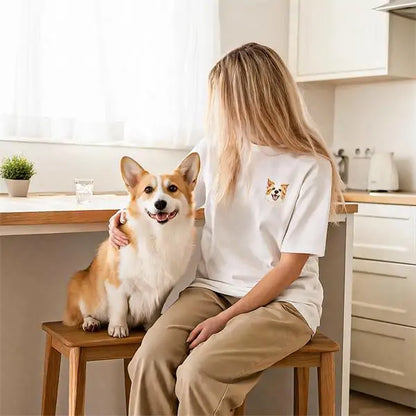 Custom cat embroidered t-shirt worn by cat mom – daily wear pet portrait tee