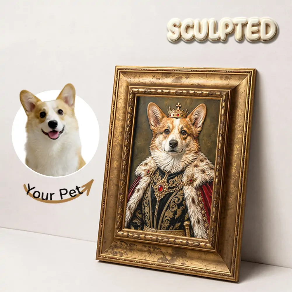 Corgi reference photo beside a finished Royal Style Hand-sculpted 3D Pet Portrait