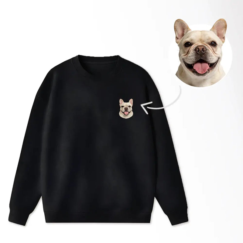 A custom embroidered pet sweatshirt featuring a personalized portrait